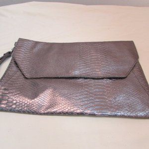 Silver Metallic Reptile Faux Leather Large Clutch Wristlet